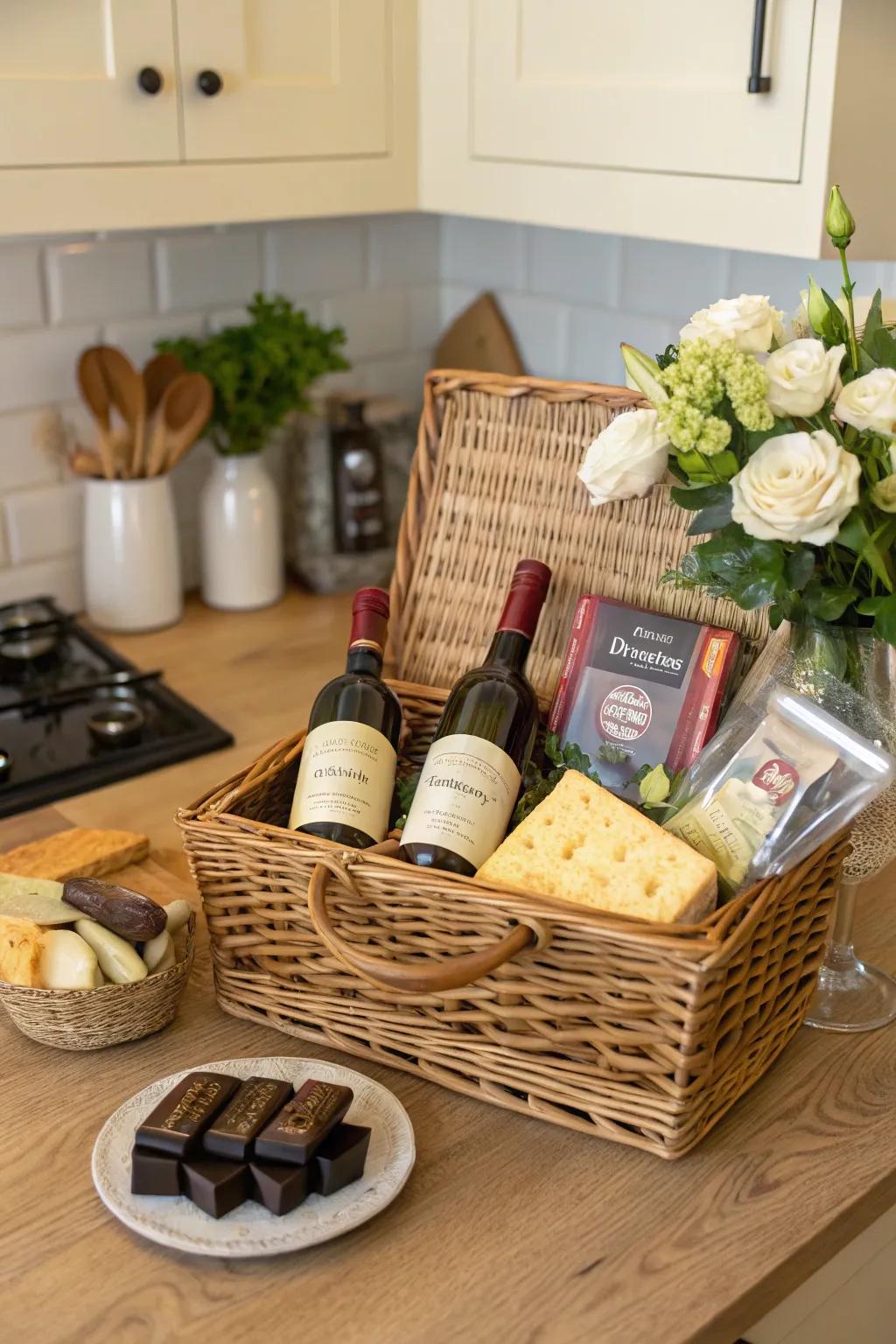 Delight in an elegant food basket brimming with charming delights.
