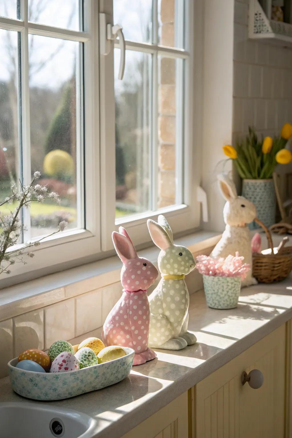 Rabbit accent pieces contribute a whimsical flair to the kitchen windowsill.