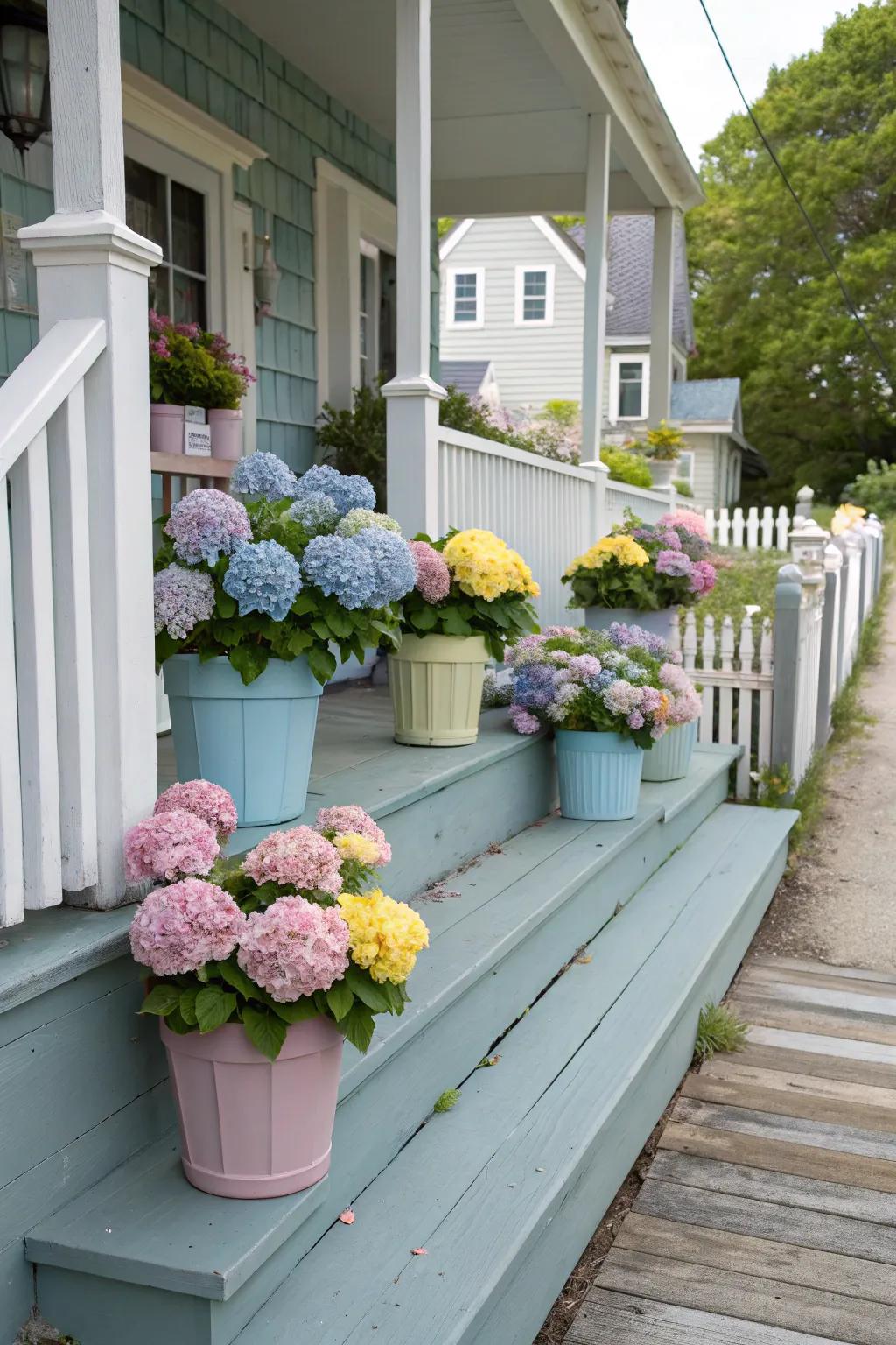 Flowers in pots will immediately add a breath of spring to your porch.