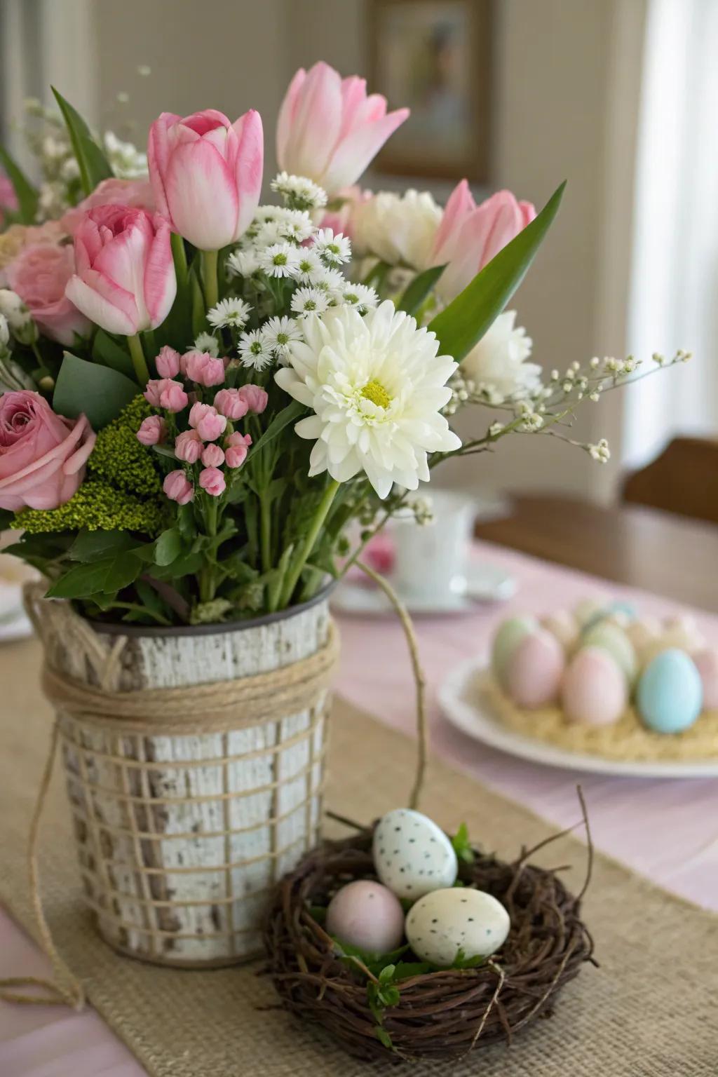 A vibrant floral centerpiece brings the essence of spring to your Easter table.