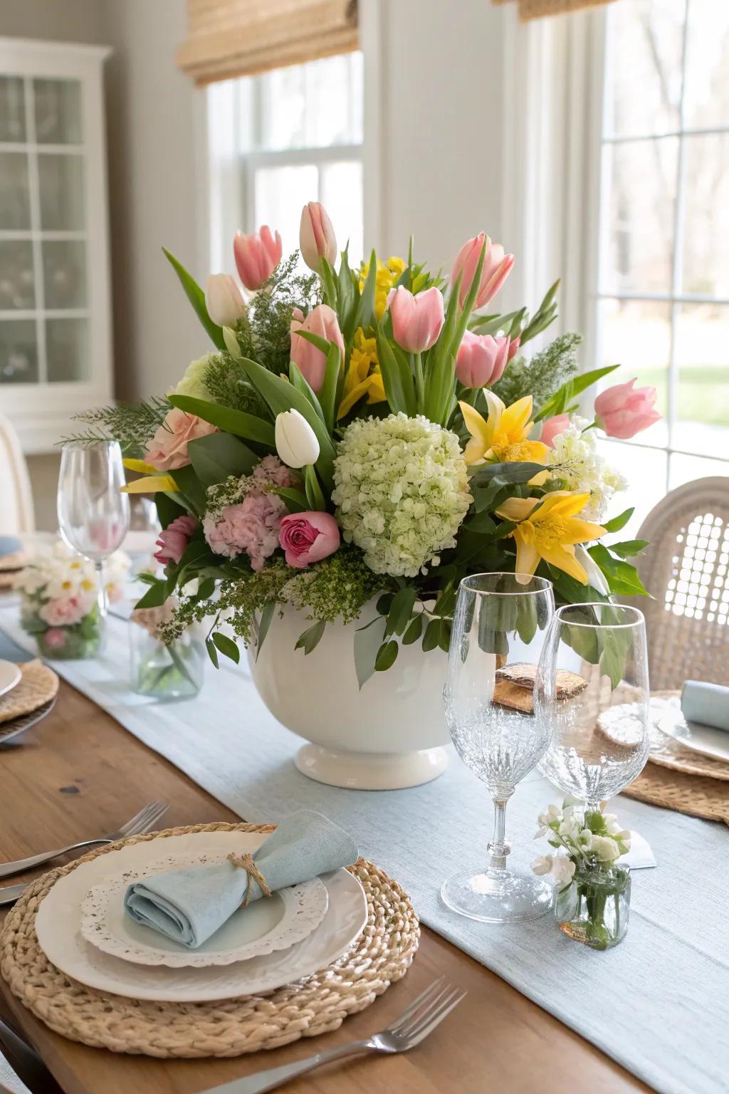 A vibrant floral centerpiece infuses the essence of spring indoors.