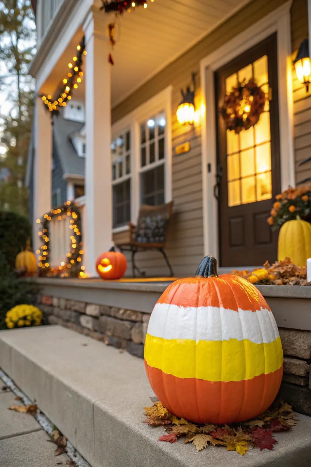 A confectionery corn-inspired pumpkin design infuses a sugary appeal into your Halloween display.