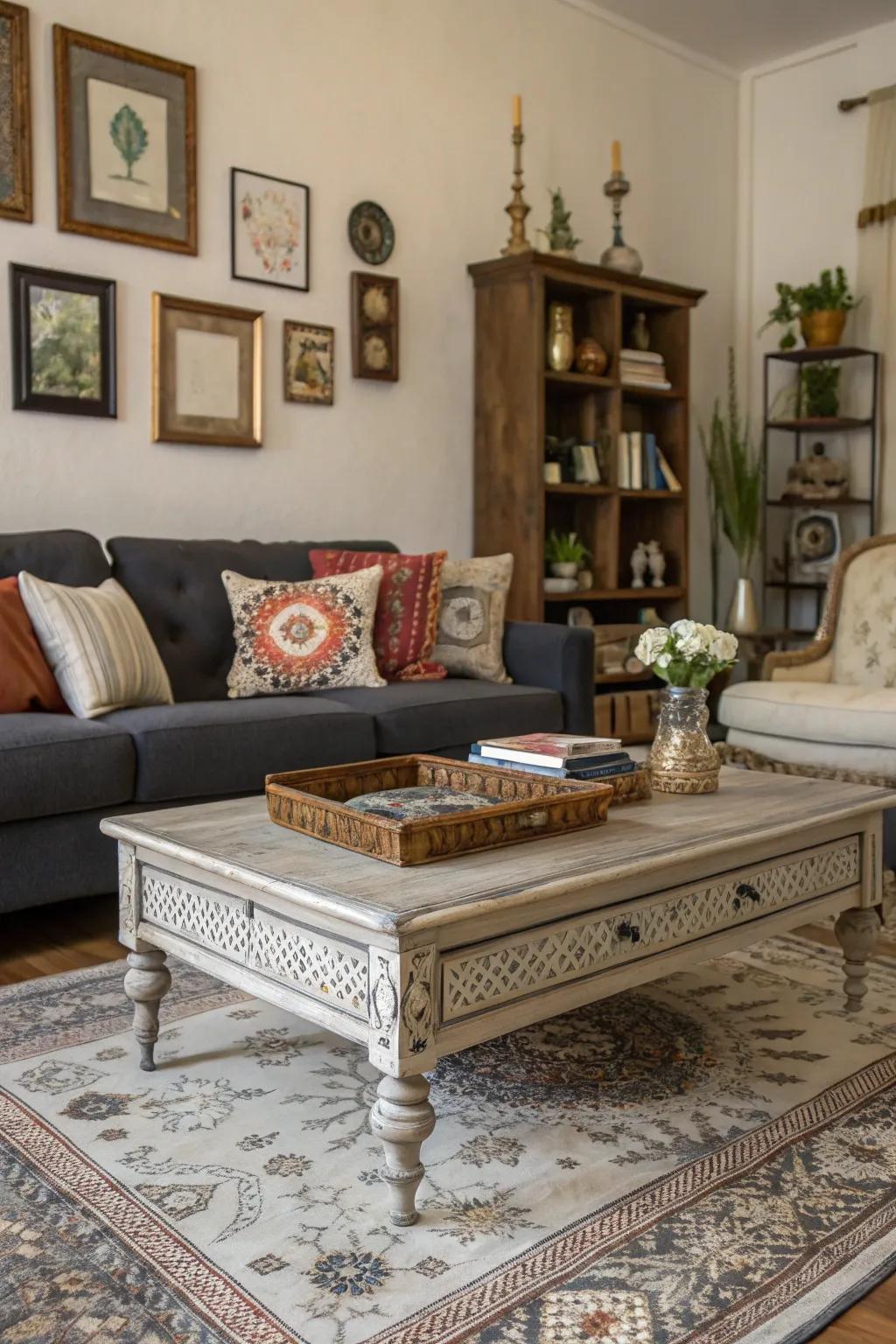 A modern sofa is a great match with a heritage-style table within this eclectic setting.