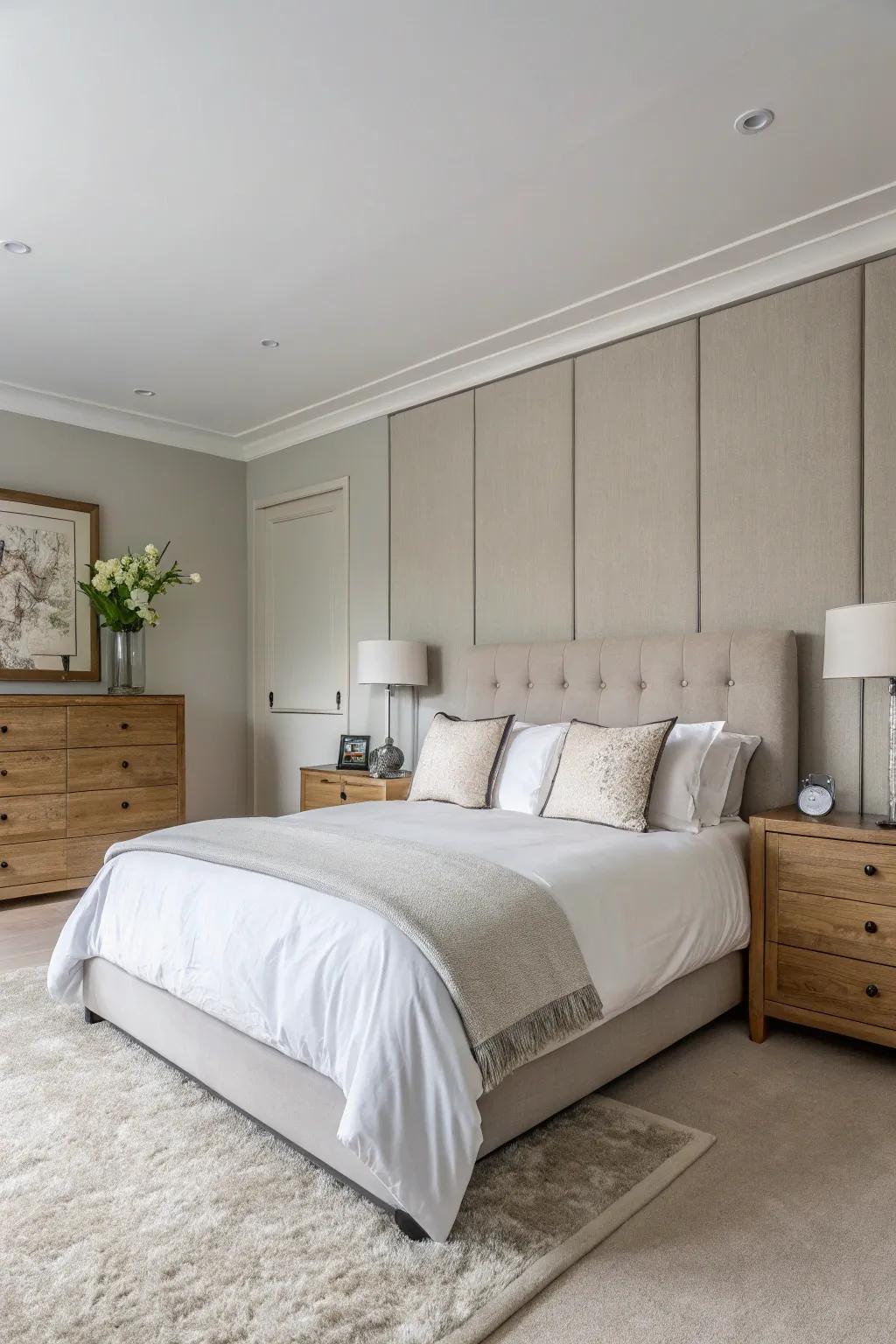 A contemporary luxurious bedroom showcasing a refined neutral color story.