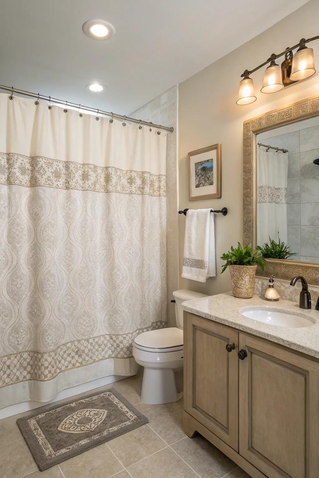 A bathroom showcasing a classic, neutral-toned shower curtain for enduring elegance.