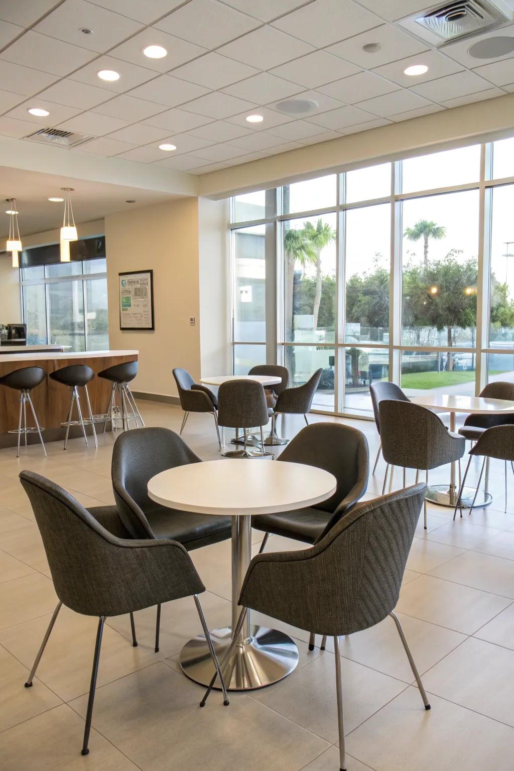 Elegant furniture enriches the break room’s overall mood.