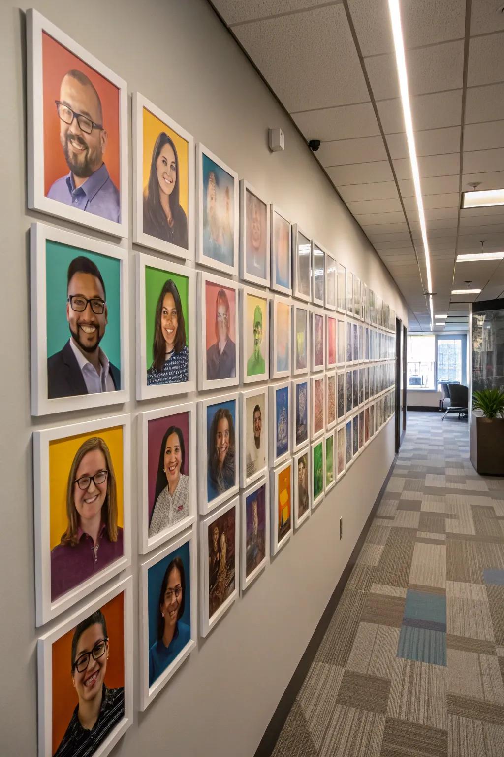 A photo collage wall adorned with employee portraits, fostering an inclusive and intimate ambiance.