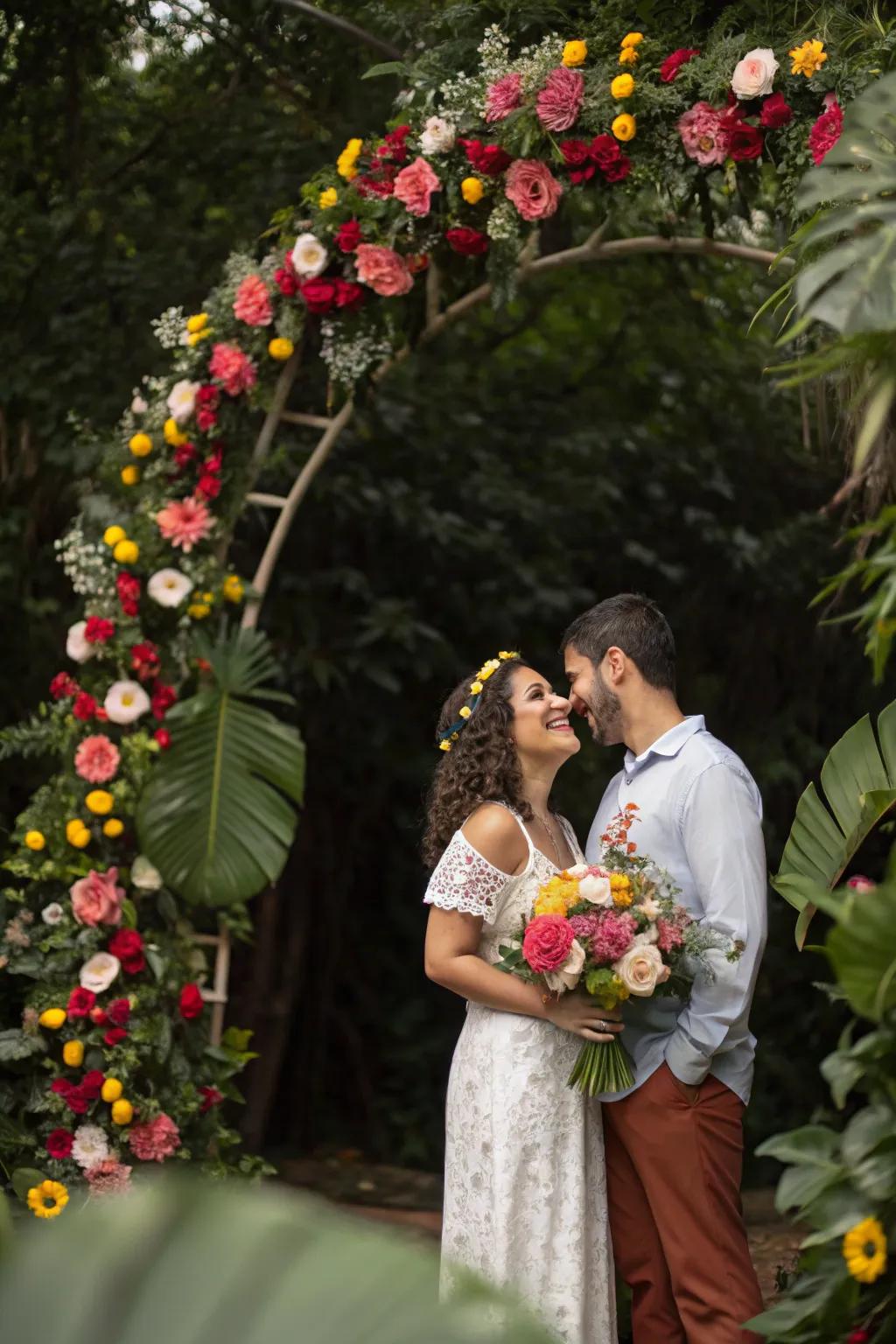 A vibrant floral arch serves as an exquisite backdrop for celebrating the engagement.
