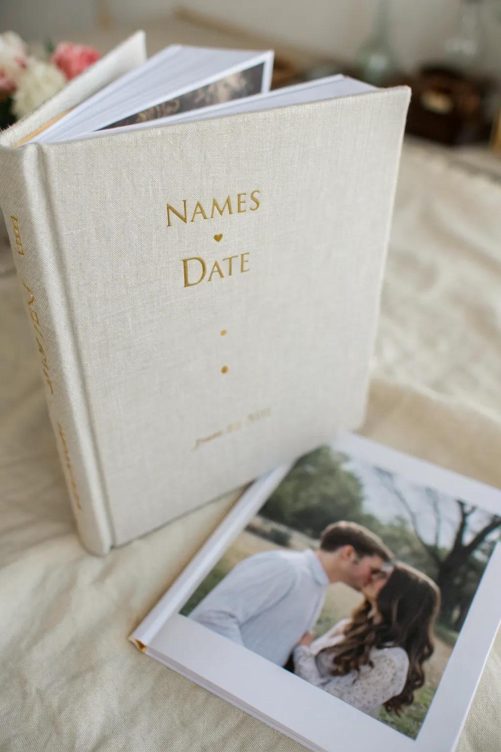 A customized engagement photo compilation with elegantly inscribed names and date.
