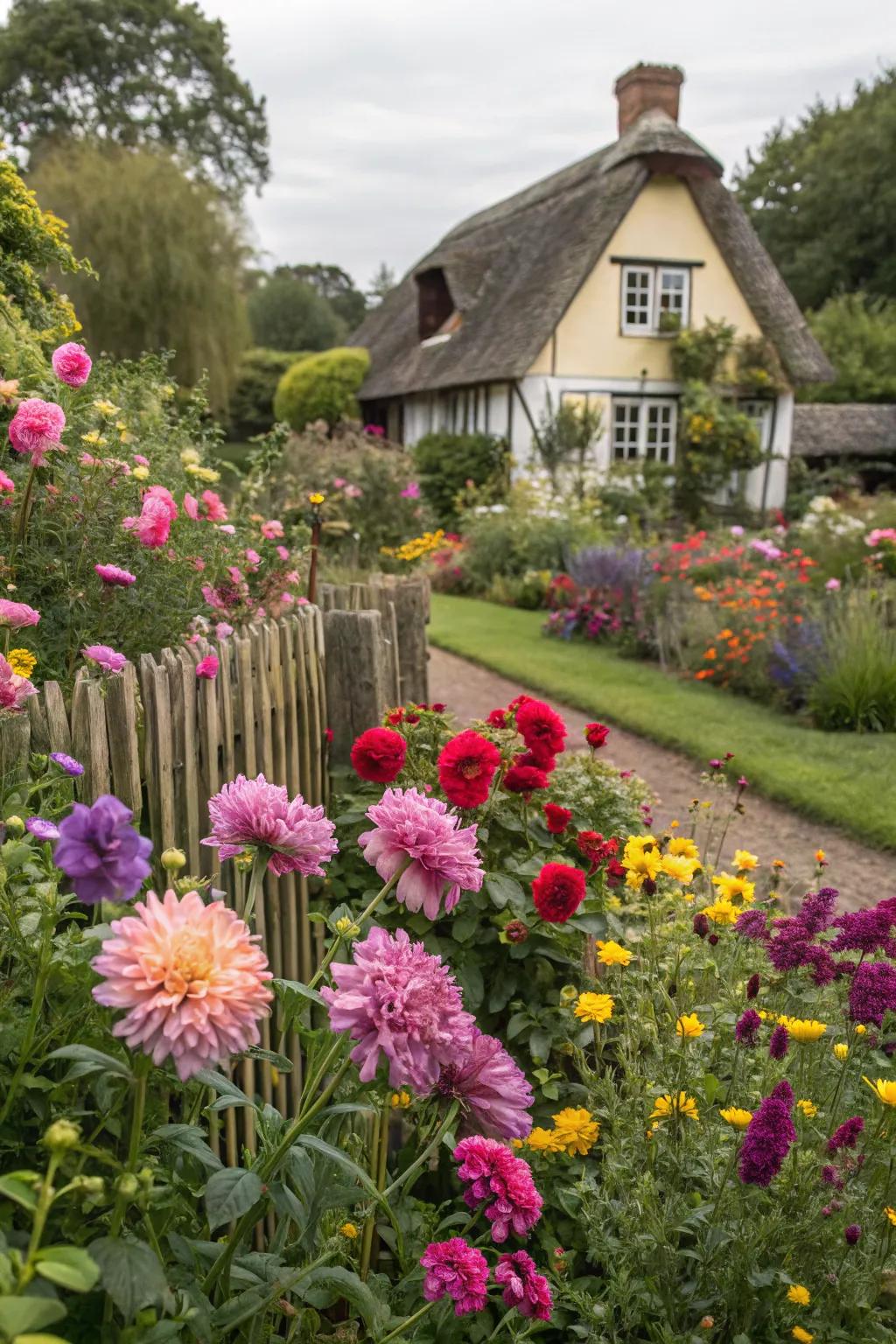 A cottage garden flourishing with vibrant blossoms and abundant foliage.