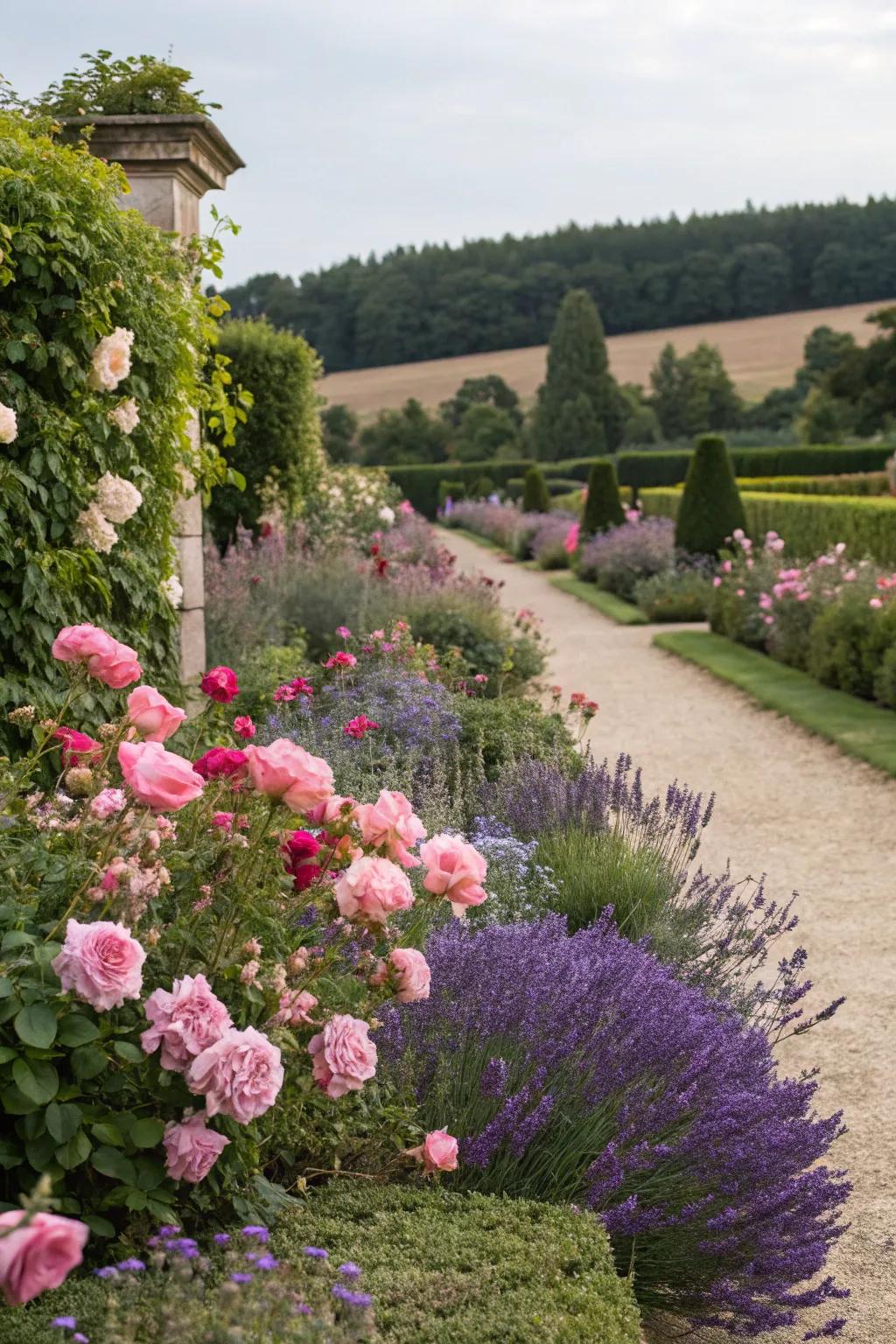 Lush floral edges outline a picturesque tea garden.