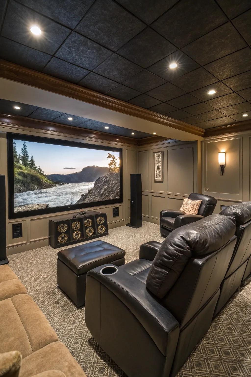 Delight in immersive cinematic journeys within a home theater meticulously crafted for supreme relaxation.