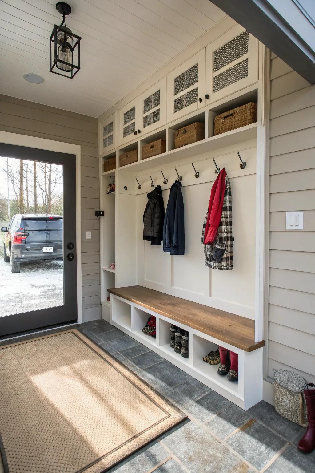 Transform your entryway into a functional cloakroom with well-organized storage solutions.