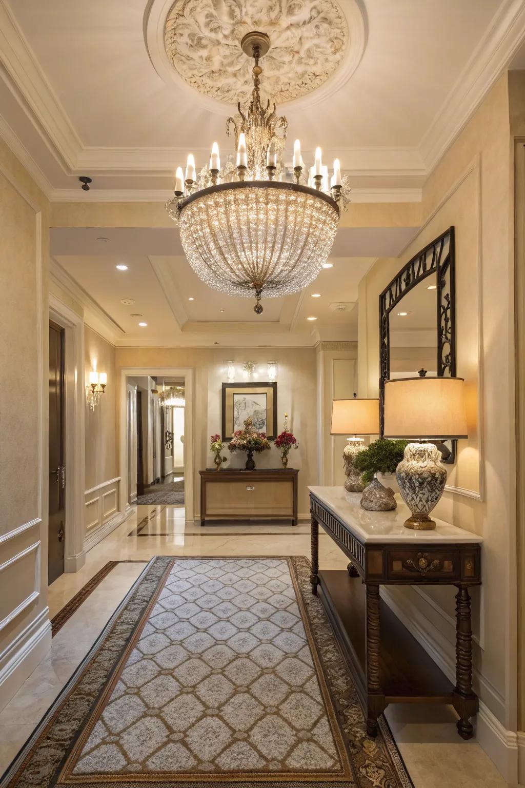 An impressive chandelier makes a striking impression in this entry hallway.