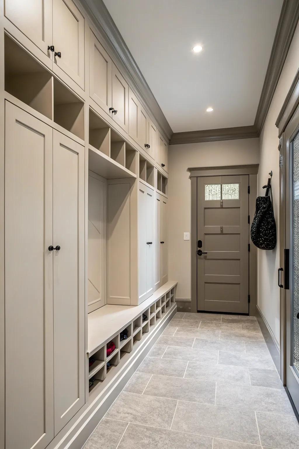 Full-height storage solutions offer extensive capacity while upholding a streamlined facade.