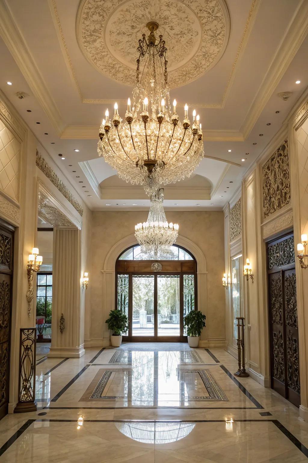 A splendid chandelier enhances and brightens any entrance hall.