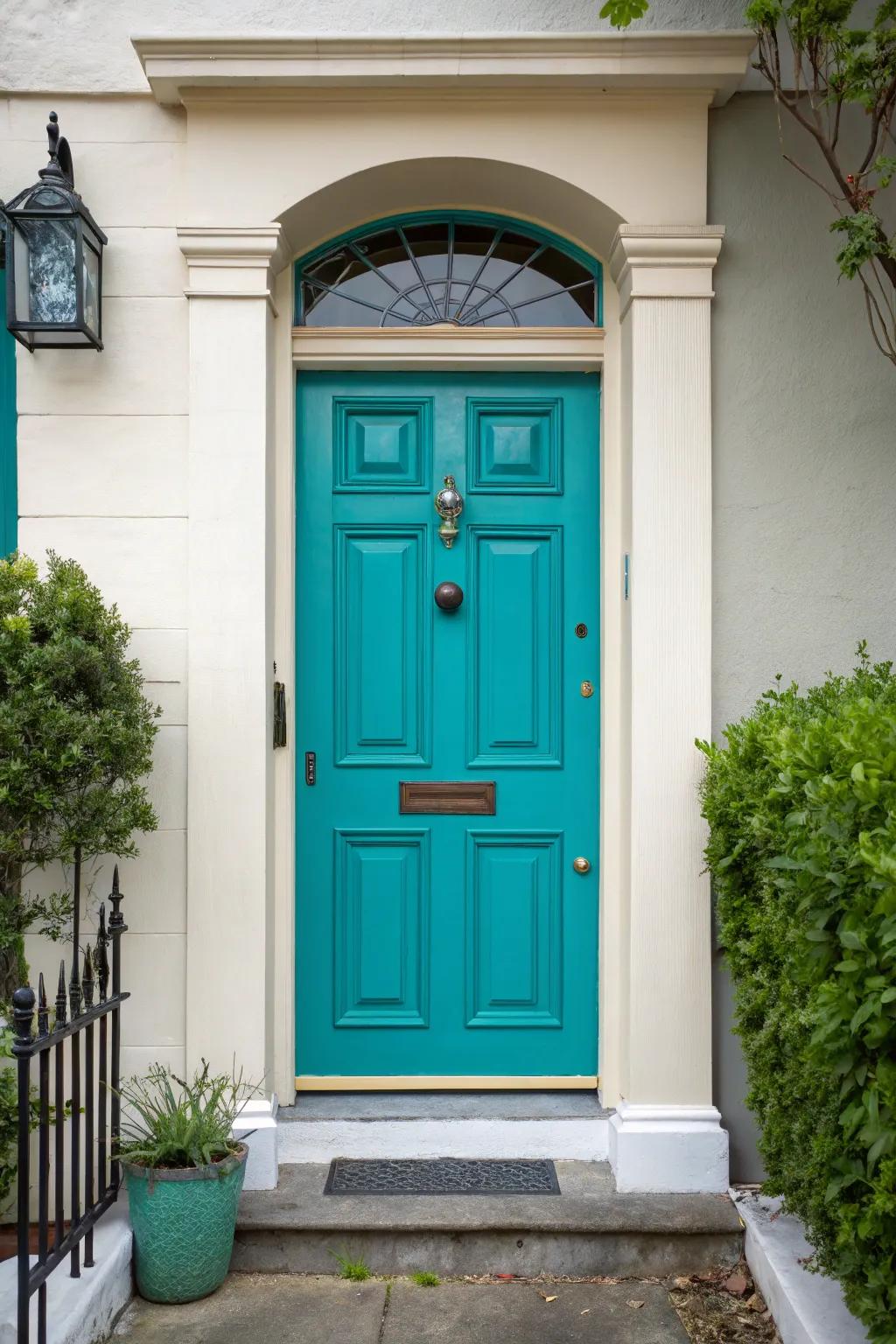 A lively turquoise façade door that distinguishes itself against a muted setting.