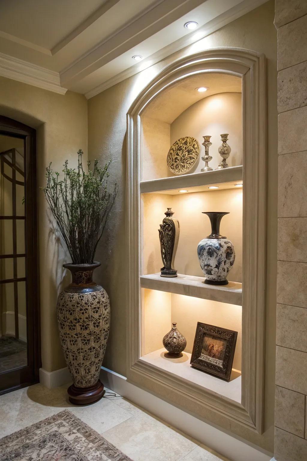 Entryway niche enhanced with recessed lighting to accentuate decor.