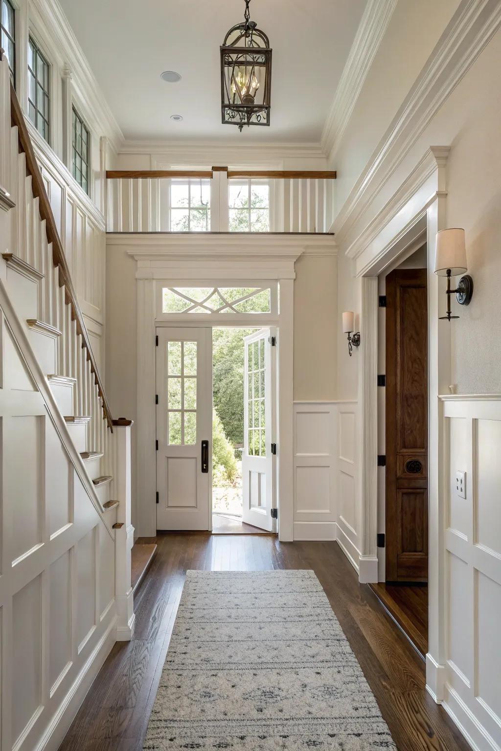 An elegant board and batten wall finishing is ideal for a warm, inviting entrance area.