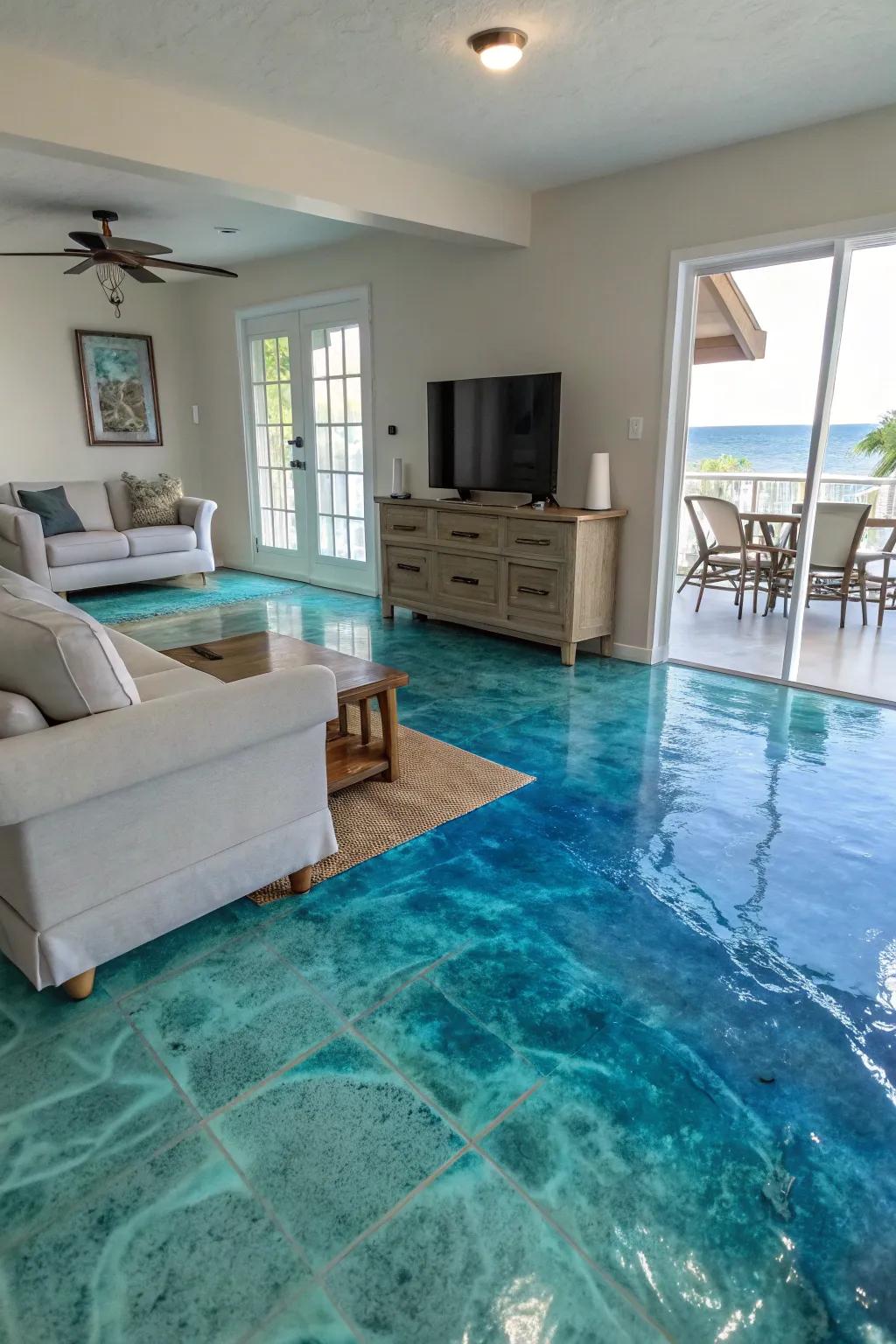 Infuse your dwelling with the serenity of the sea, achieved through ocean-inspired epoxy flooring.