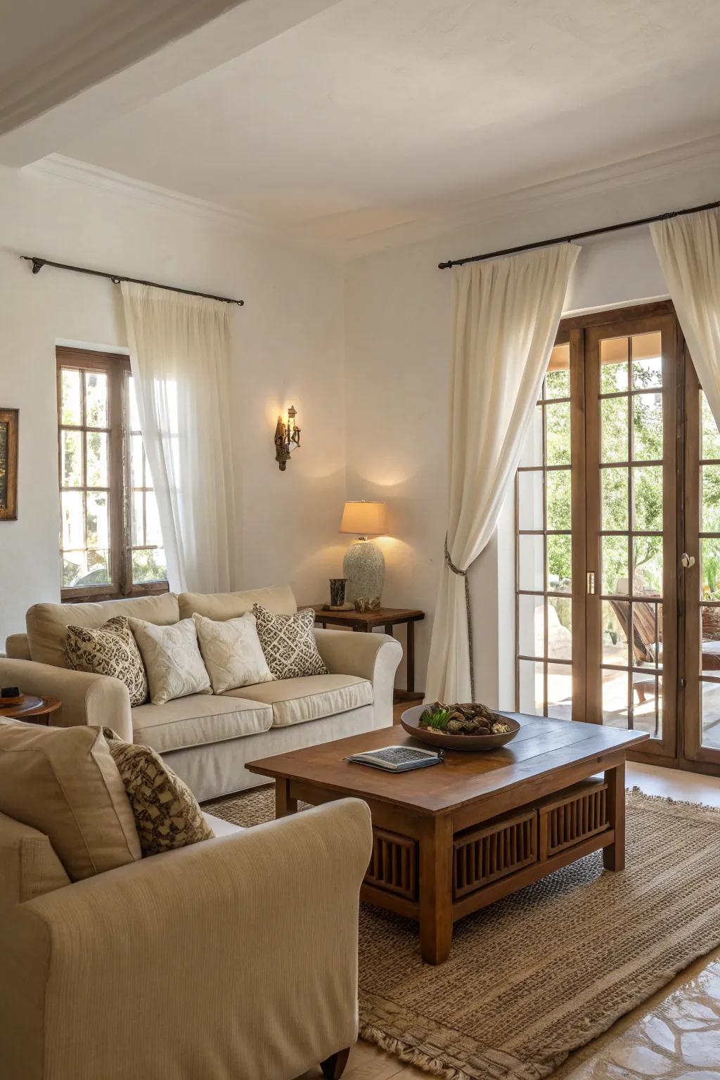 Neutral colors foster a serene ambiance in this European-inspired living room.