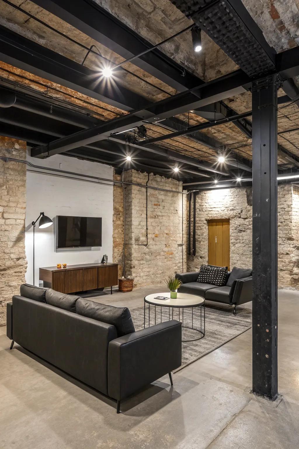 Realize a refined industrial appearance with open ceilings painted black and adorned with modern decor.