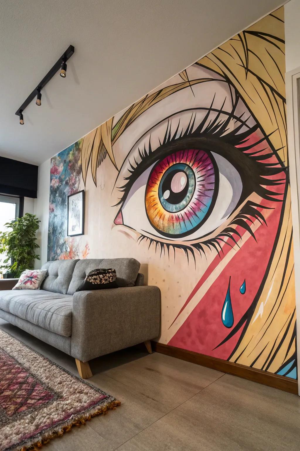 A remarkable anime eye painting contributes a burst of vibrancy and intrigue to the setting.