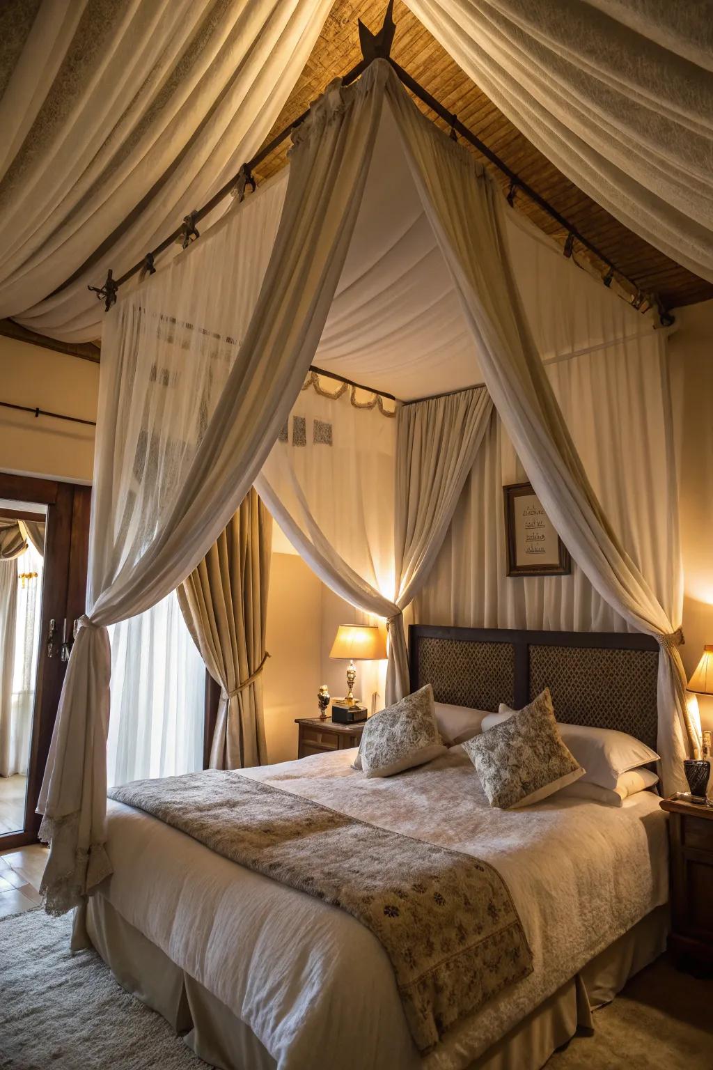Establish a dreamy getaway with a canopy-inspired textile ceiling.