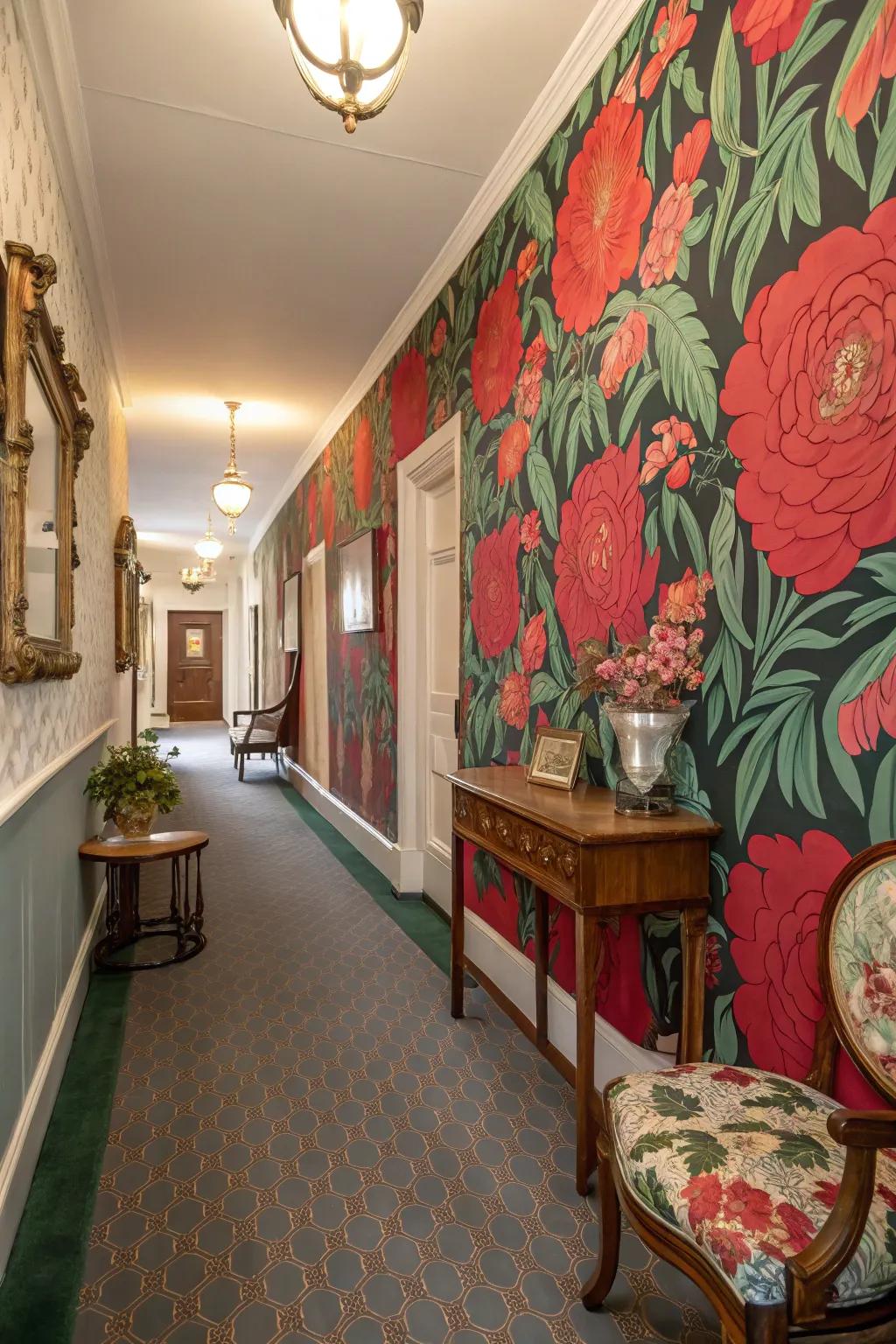 Bold floral patterns can truly transform your hallway into an inviting space.