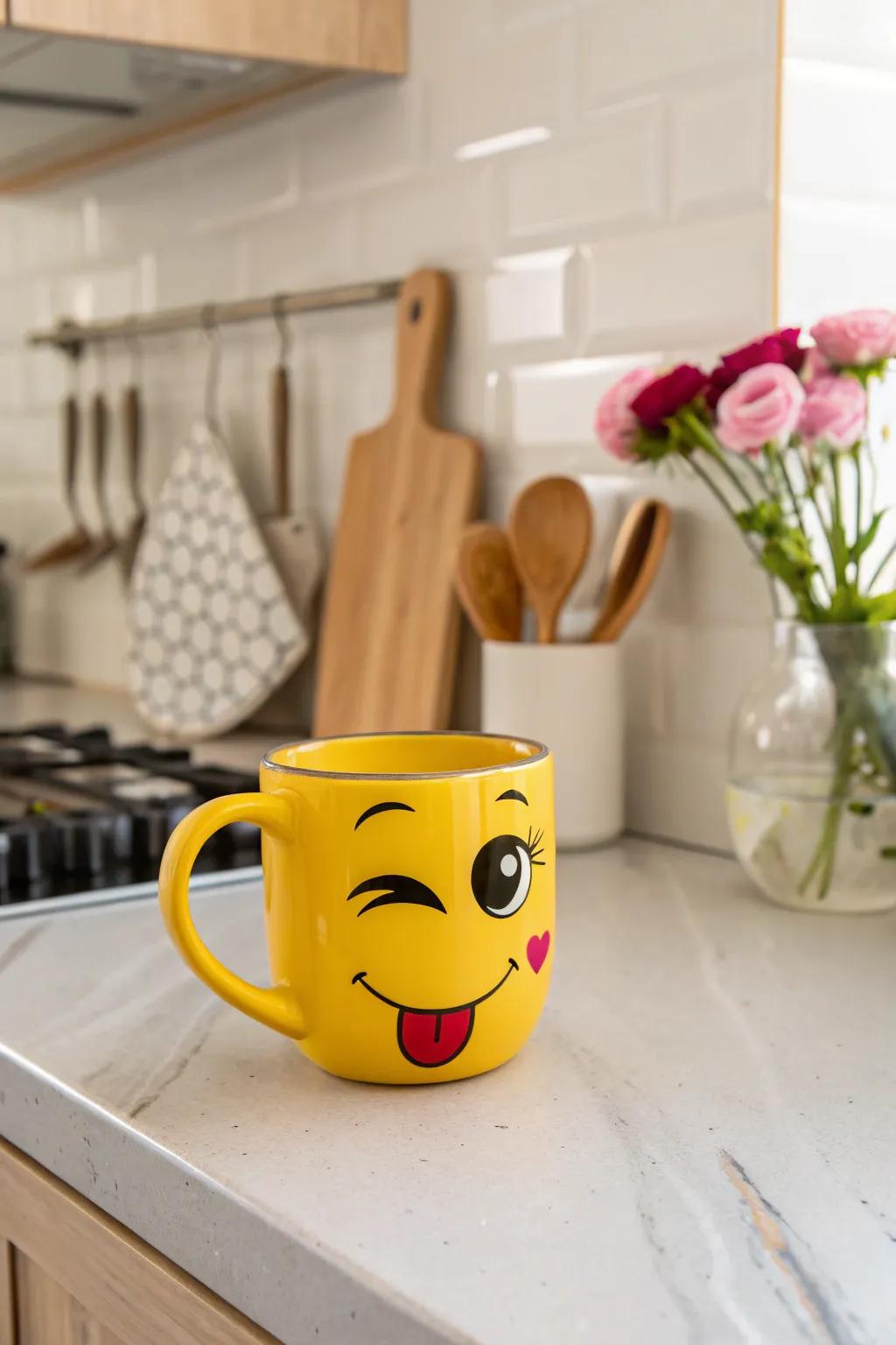 A face mug featuring a playful, amplified wink to commence your day with a grin.