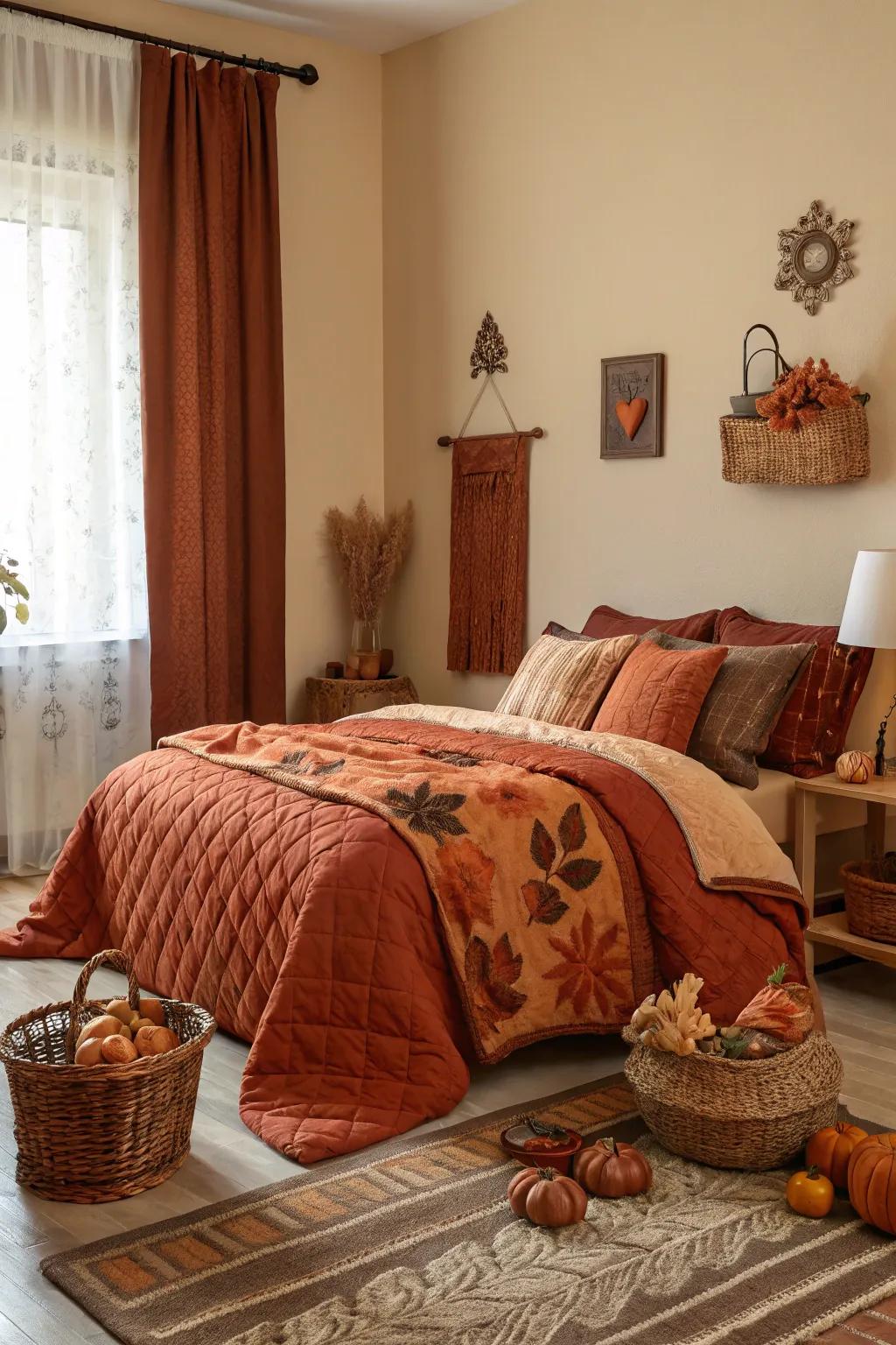 Employ warm colors to conceive a snug, fall-inspired atmosphere in your bedroom.
