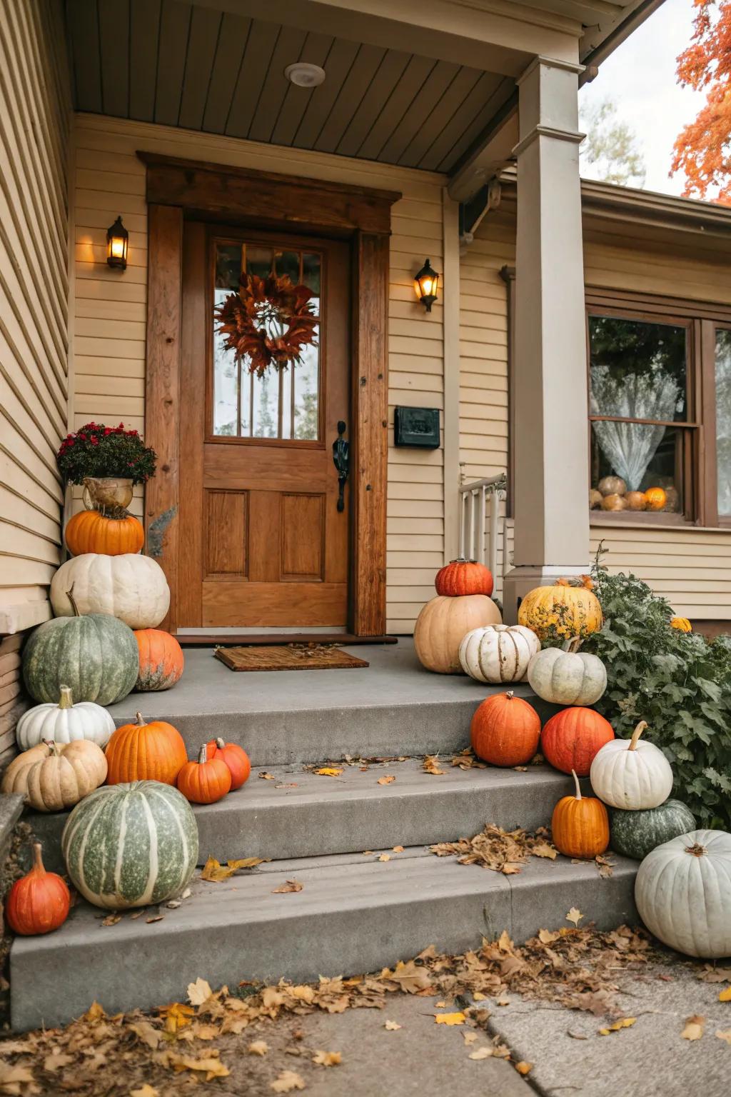 A delightful array of gourds in diverse hues creates an inviting entrance for guests.