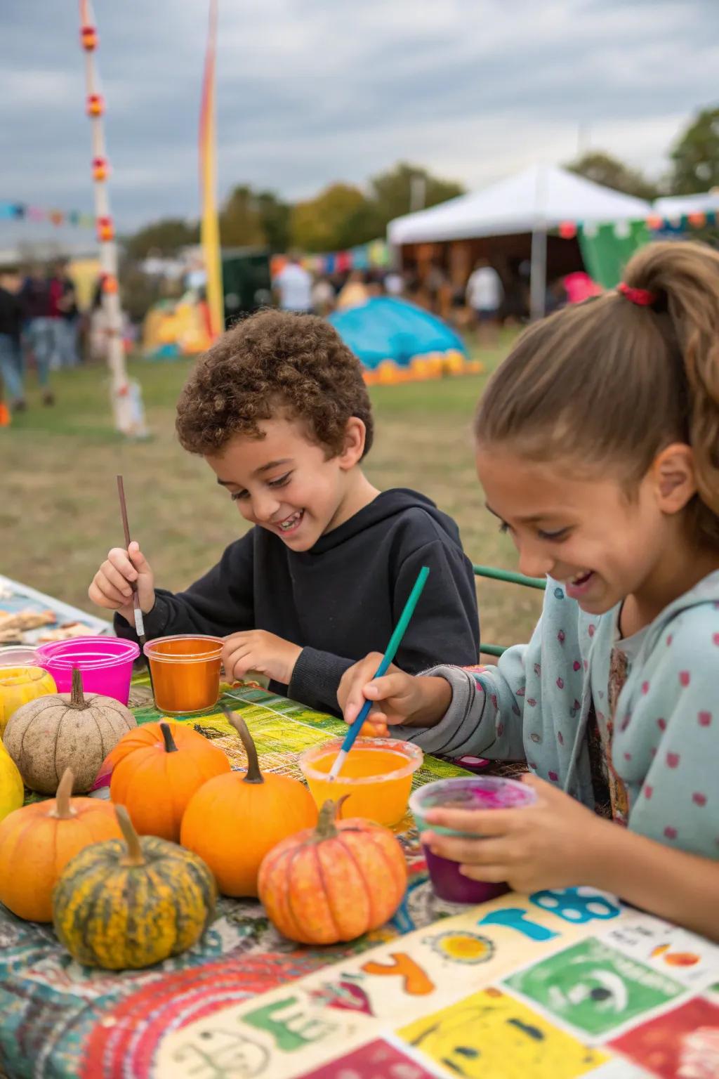 Children having fun at a pumpkin painting station during an autumn festival
