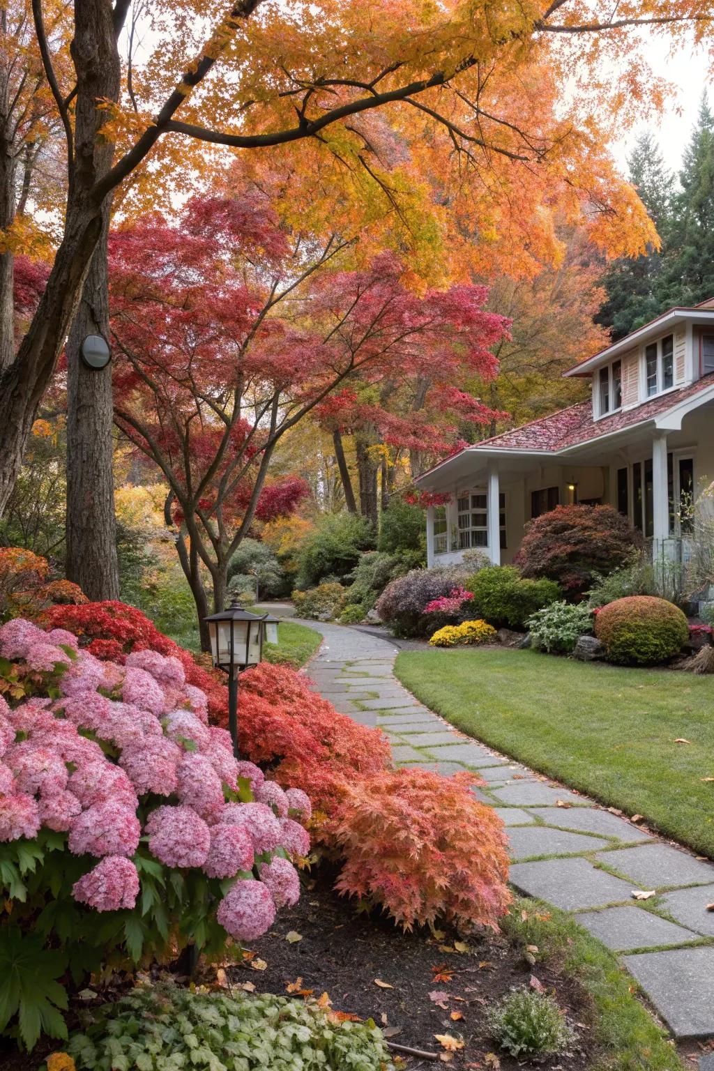 Incorporate vibrant autumn colors with Japanese maples and oakleaf hydrangeas.
