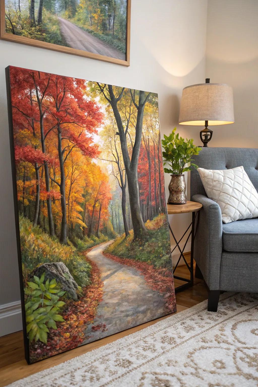 A tranquil autumn woodland painting seamlessly integrates the season's essence indoors.