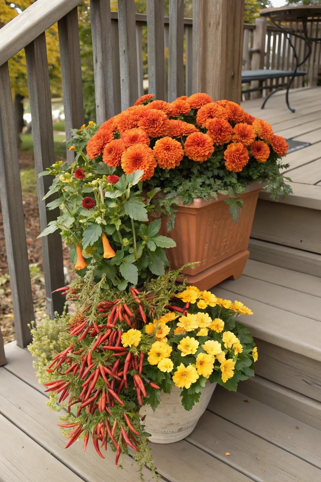 Tiered planters enliven the porch with the radiant shades of fall.