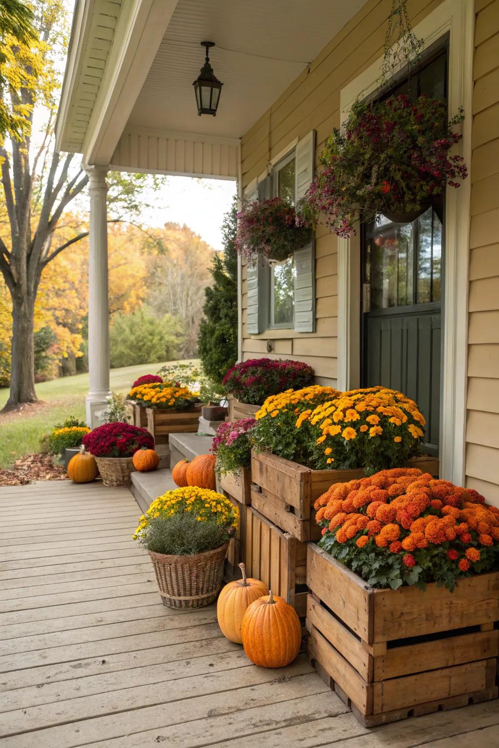 Quintessential doorway display showcasing blooms and gourds