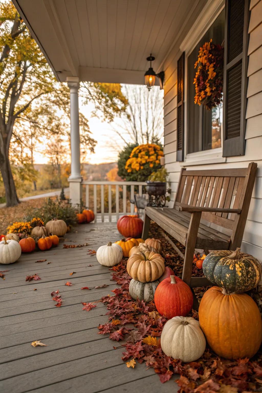 An eye-catching gourd display, epitomizing the rich palette of autumn's cherished decor.