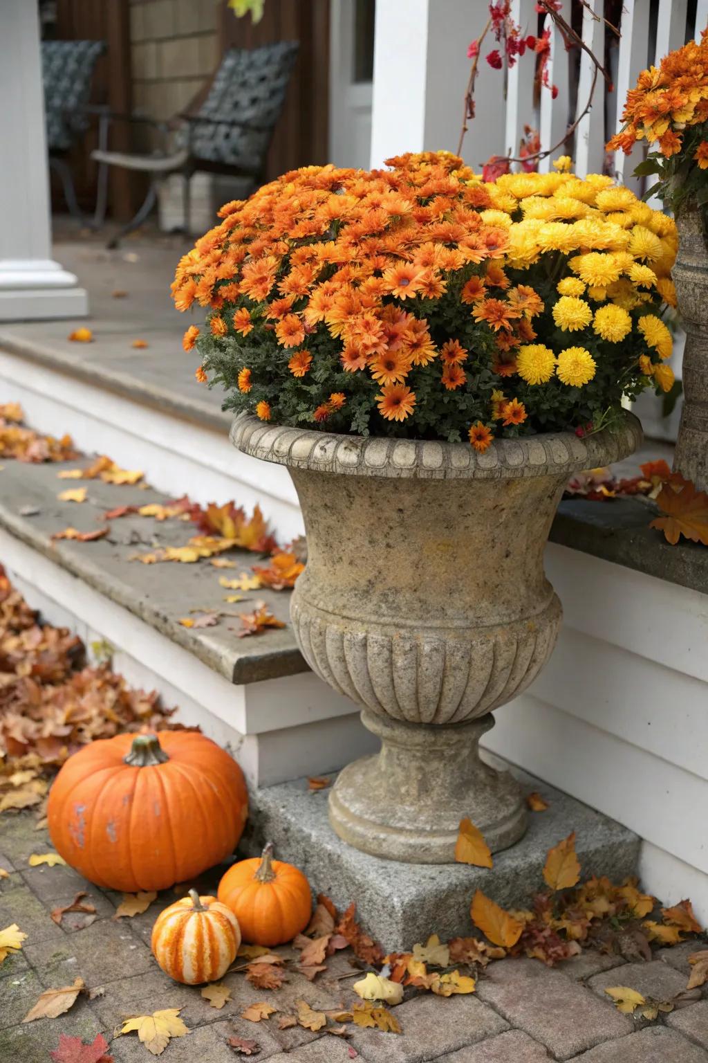 A traditional blend of gourds and chrysanthemums in an autumnal container garden.