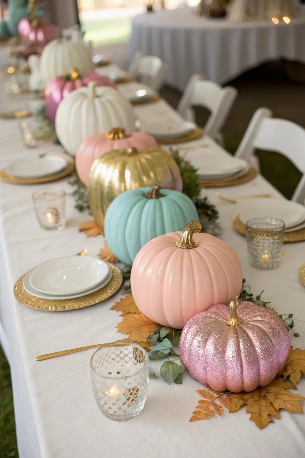 Elegant pumpkin centerpieces adorned in metallic and pastel shades, perfect for a distinctive fall wedding.