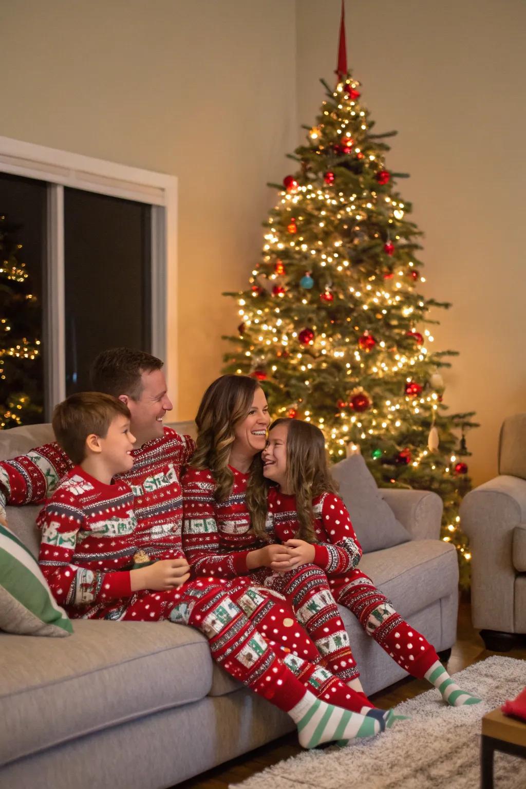 Cultivate a warm scene with matching loungewear for a joyful and festive family photograph.