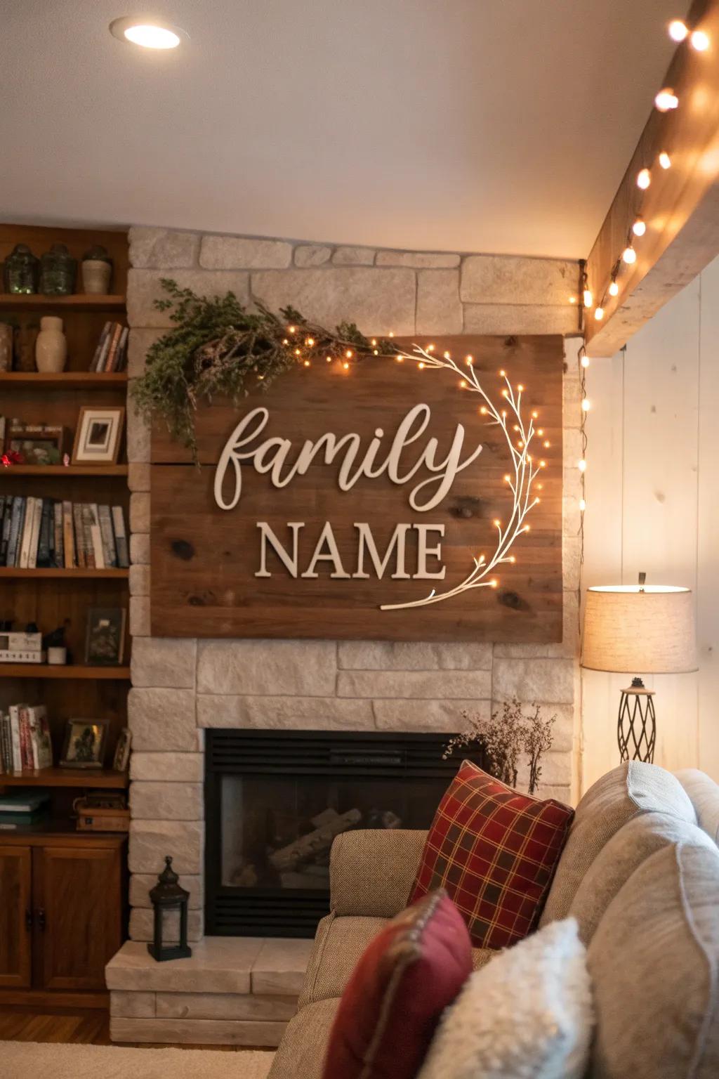 A traditional timber surname display contributing warmth to a sitting area.