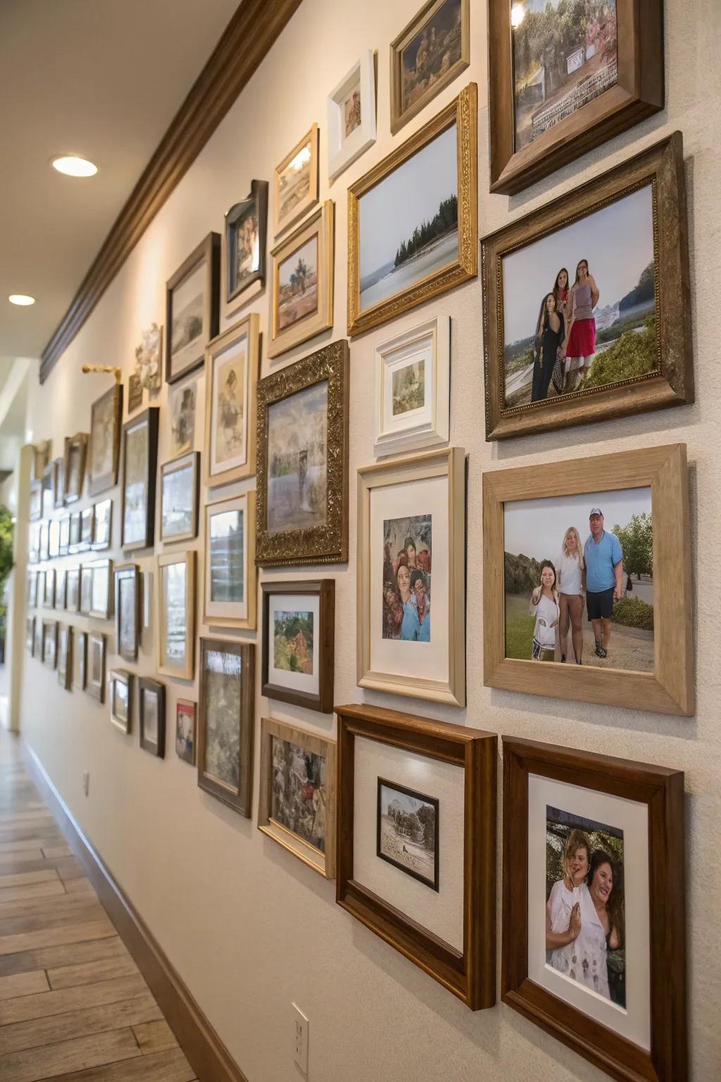 A striking gallery wall that blends different frame styles and sizes