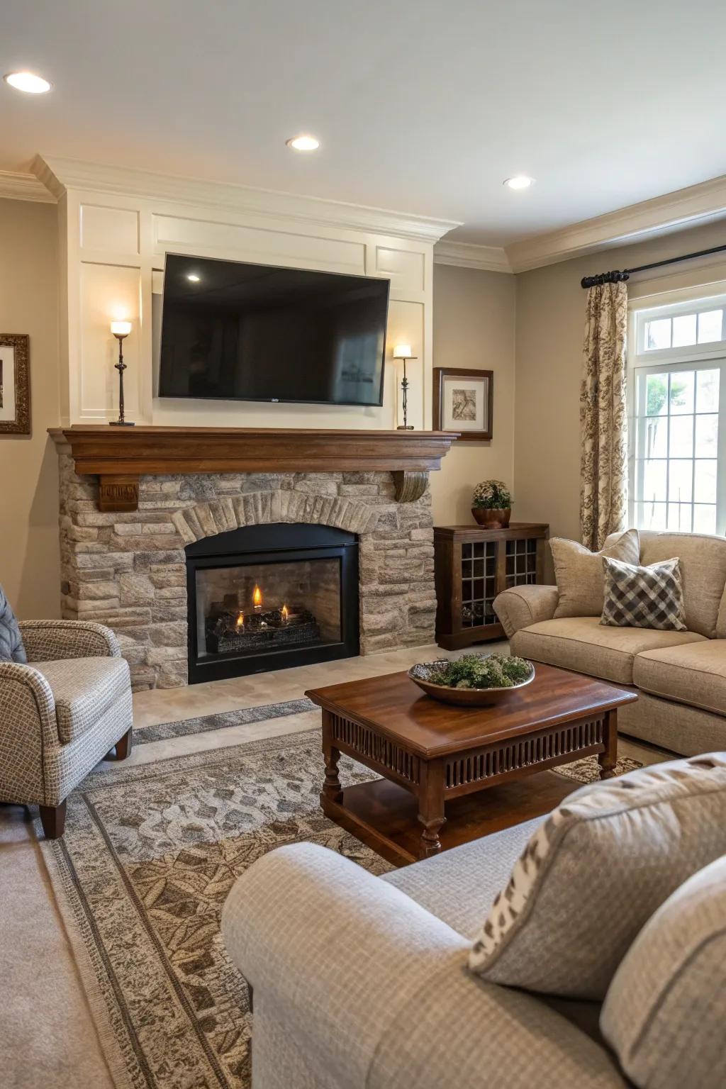 A family room featuring a TV mounted elegantly above a fireplace.