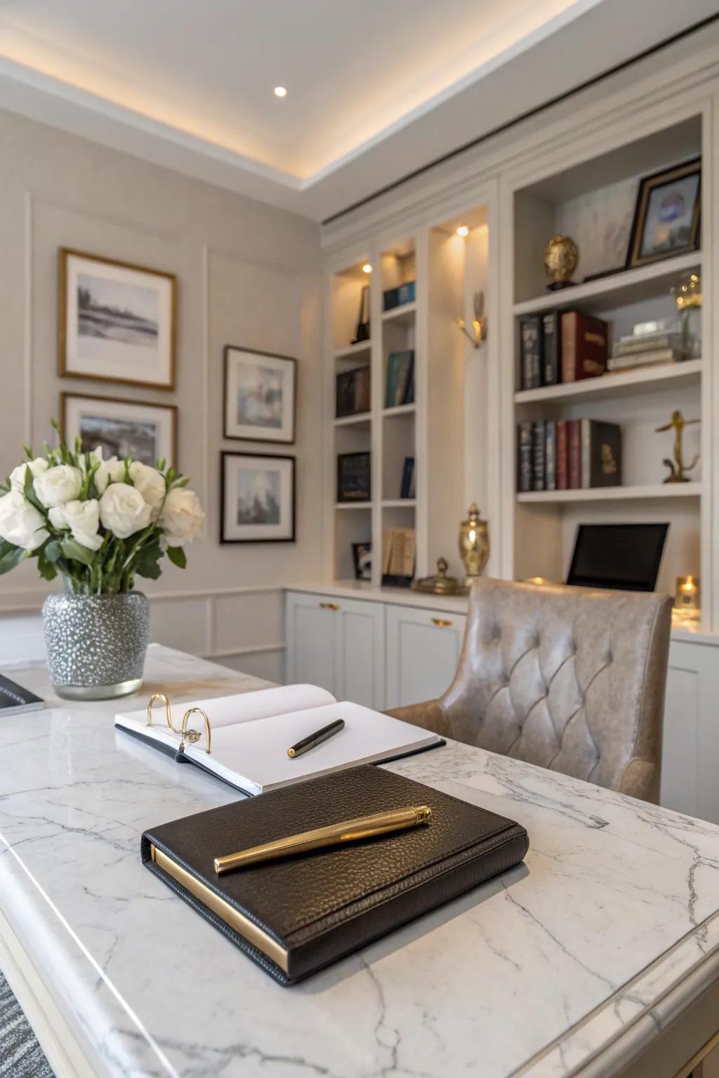 A marble desk introduces a luxurious element to any office.
