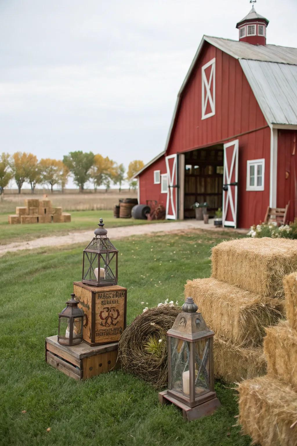 A captivating vermilion granary panorama featuring bundles of straw, idyllic for a countryside-inspired birthday celebration.