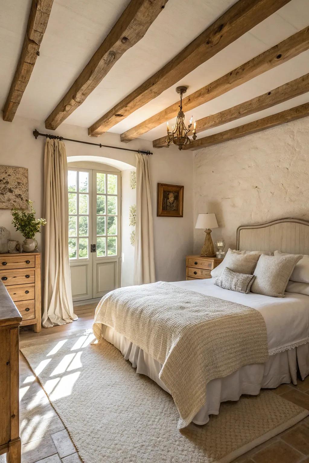 A sunlit and spacious farmhouse bedroom showcasing a harmonious neutral palette.