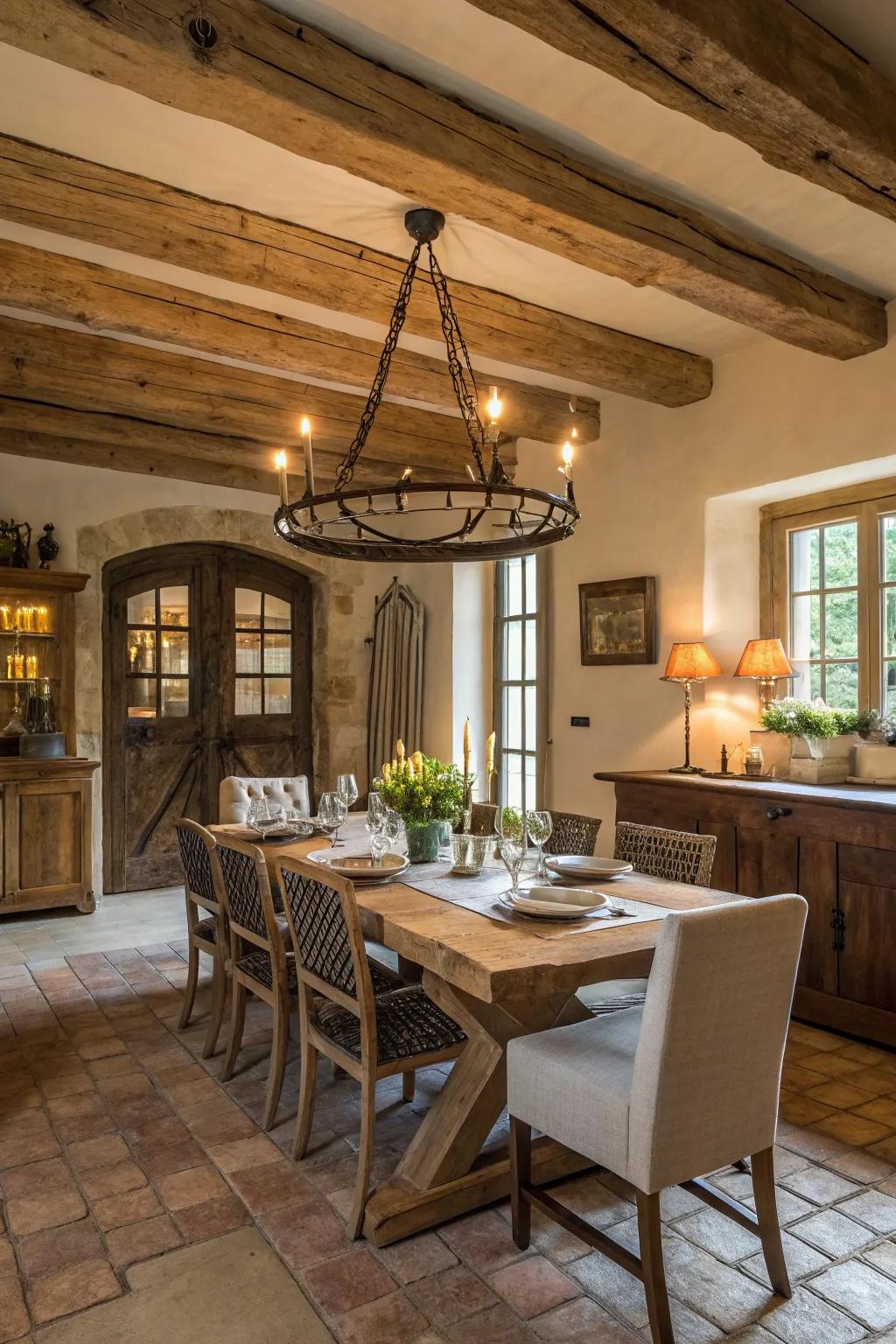 An ageless candle illumination contributes beauty to the farmhouse dining room.