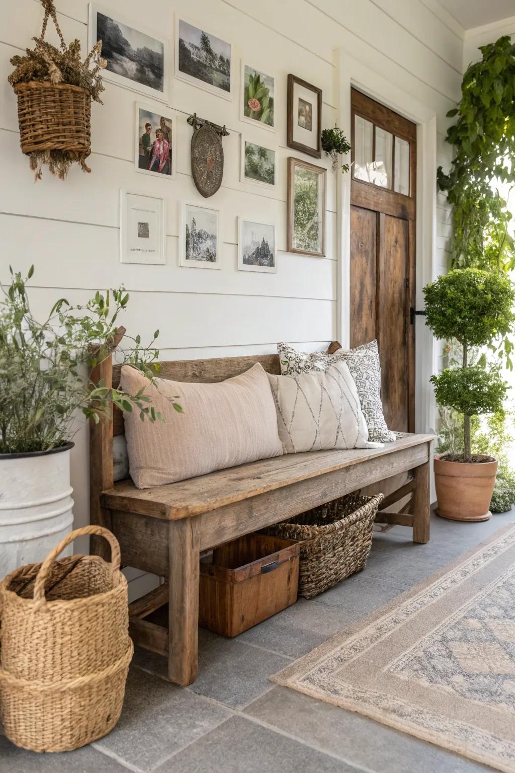 A rustic salvaged wood bench radiates warmth in a farmhouse entryway.