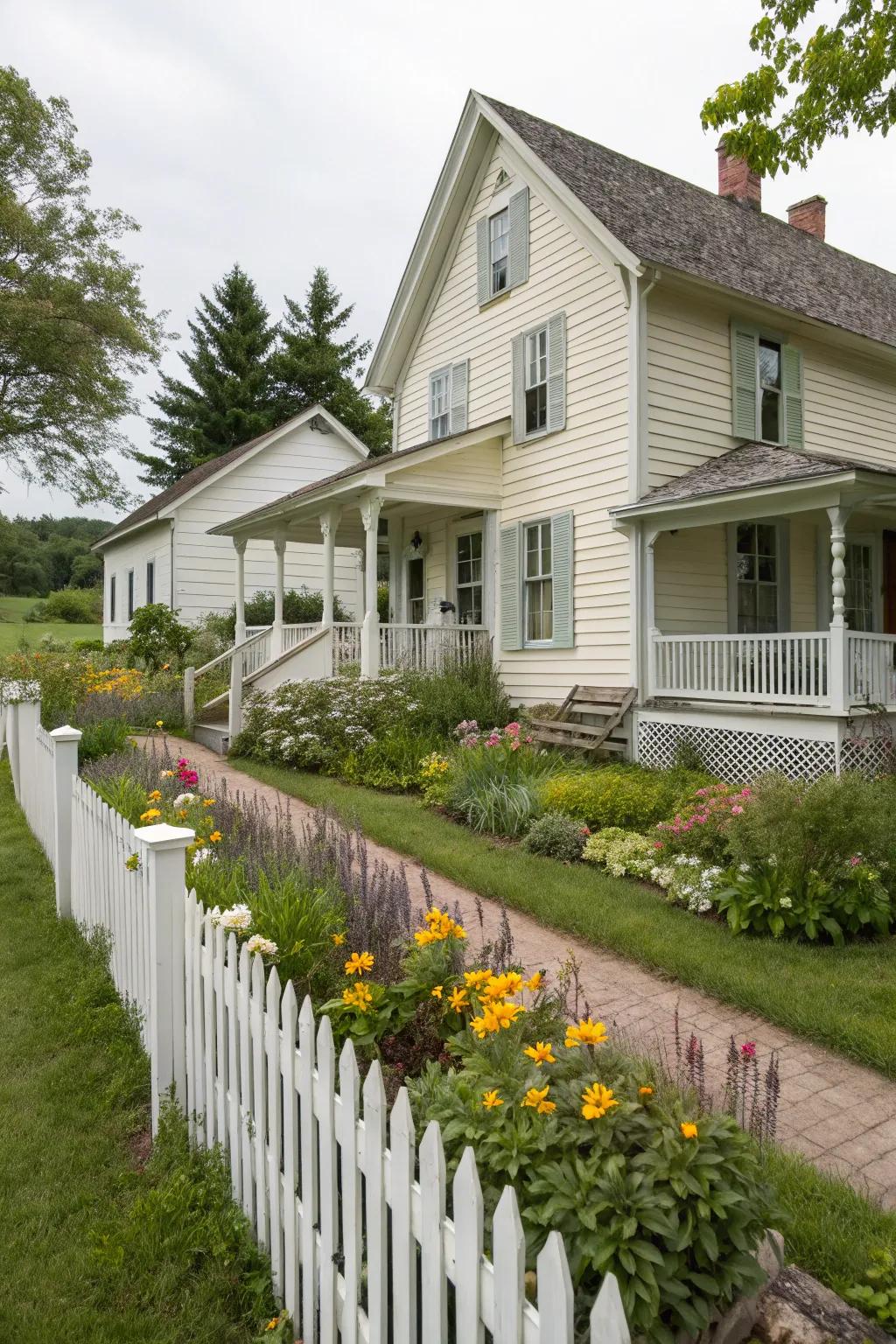 A timeless white farmhouse enhanced with a touch of cream for added coziness.